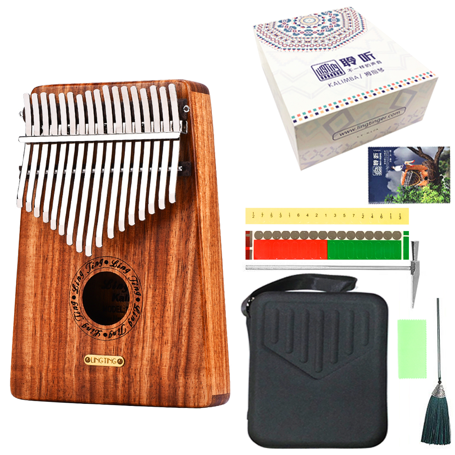 Đàn Kalimba LingTing 17 Phím Gỗ Hồng Đàn LT-K17S (Hộp cứng chống sốc, Búa chỉnh âm, Dây treo trang trí,  Sticker dán note, Khăn lau, Sách học, Ling Ting K17S) - Kèm Kèn Kazoo DreamMaker.