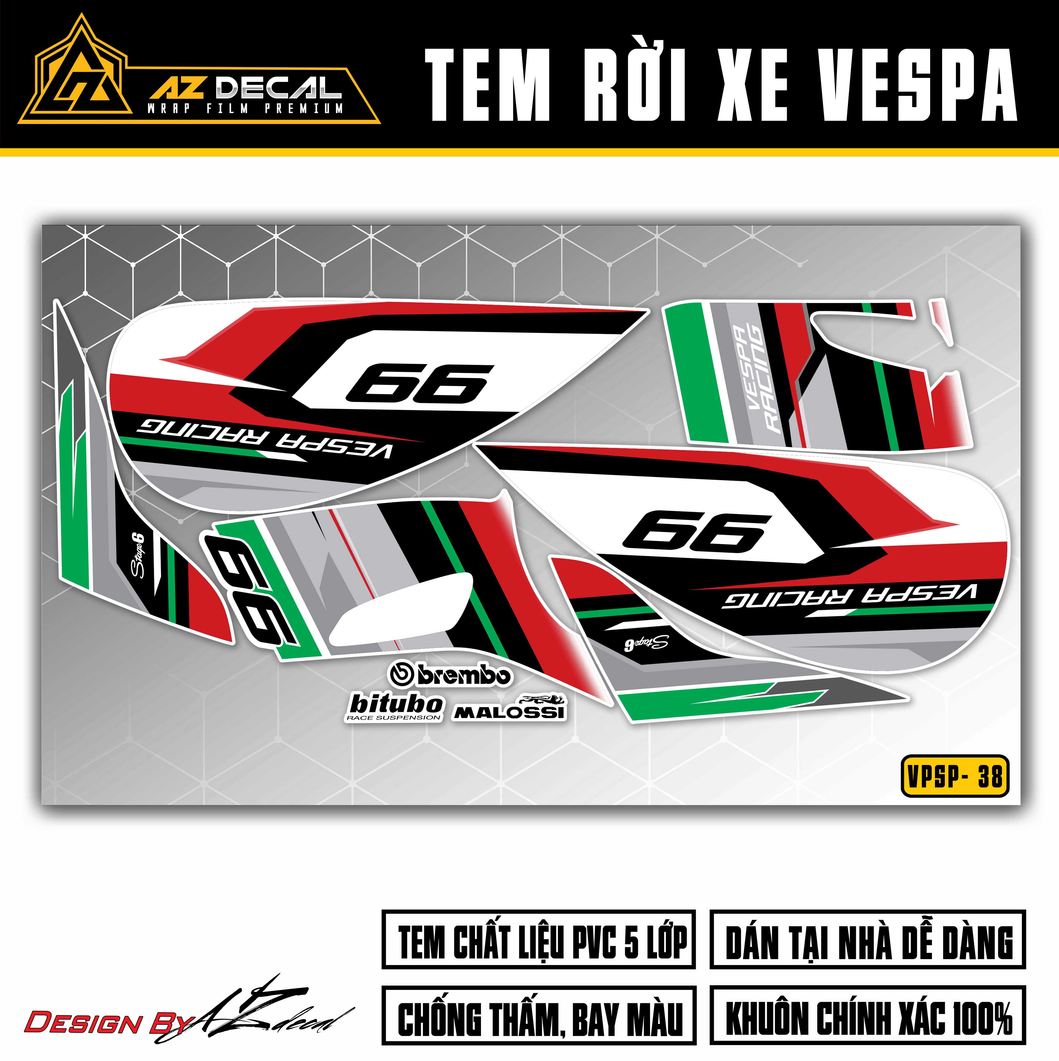 Decal Chế Dán Xe Vespa Sprint / Primavera Mẫu Vespa Racing 99 | VP38 | Tem Rời Chống Nước, Cắt Sẵn Dễ Dán