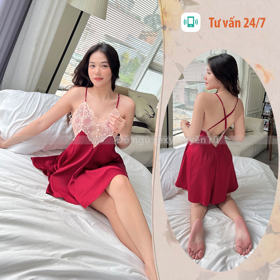 P30 Váy ngủ lụa hai dây chéo lưng phối ren sexy gợi cảm  - Đầm ngủ lụa phối ren quyến rũ - Đồ ngủ nữ sexy