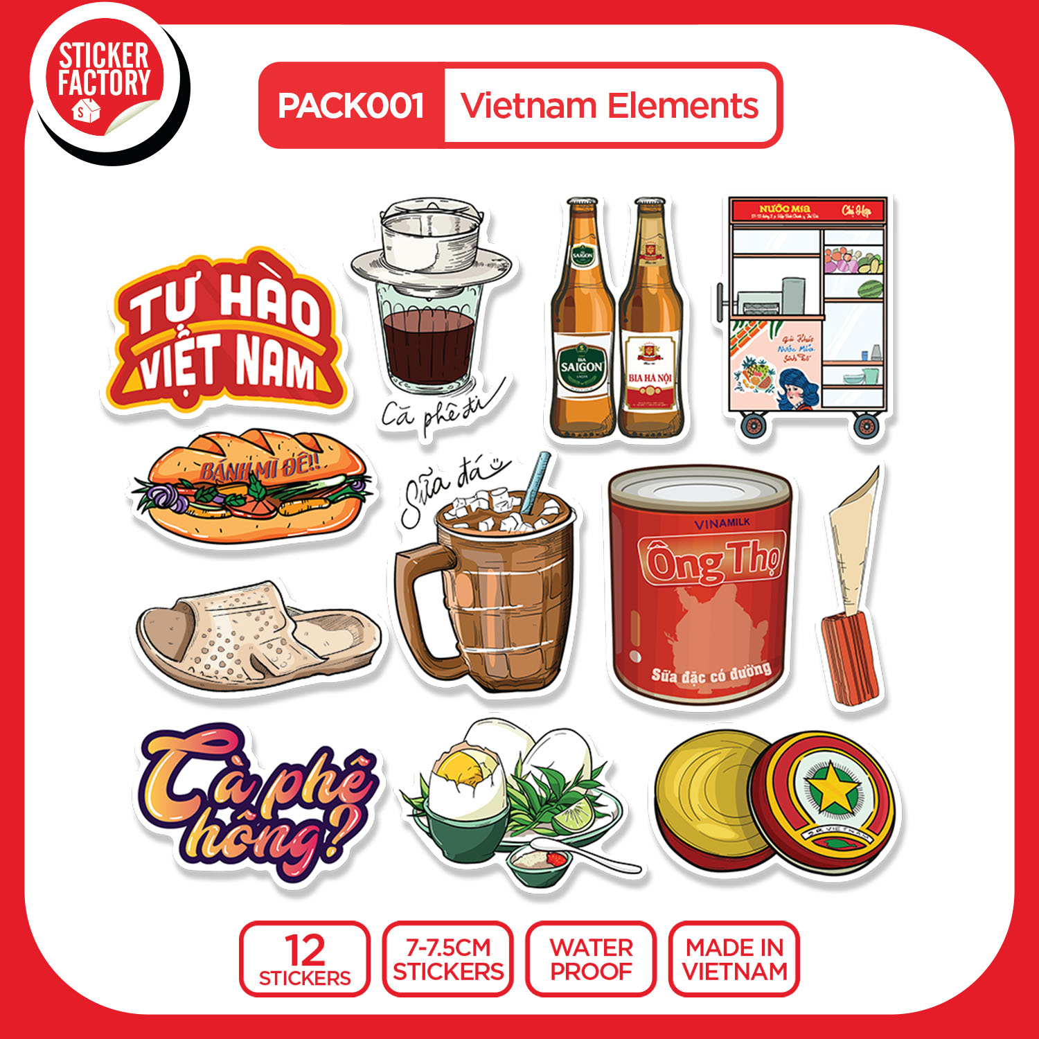 PACK001 Vietnam Elements - Set 12 hình dán Die Cut Sticker Pack made in Viet Nam Sticker Factory