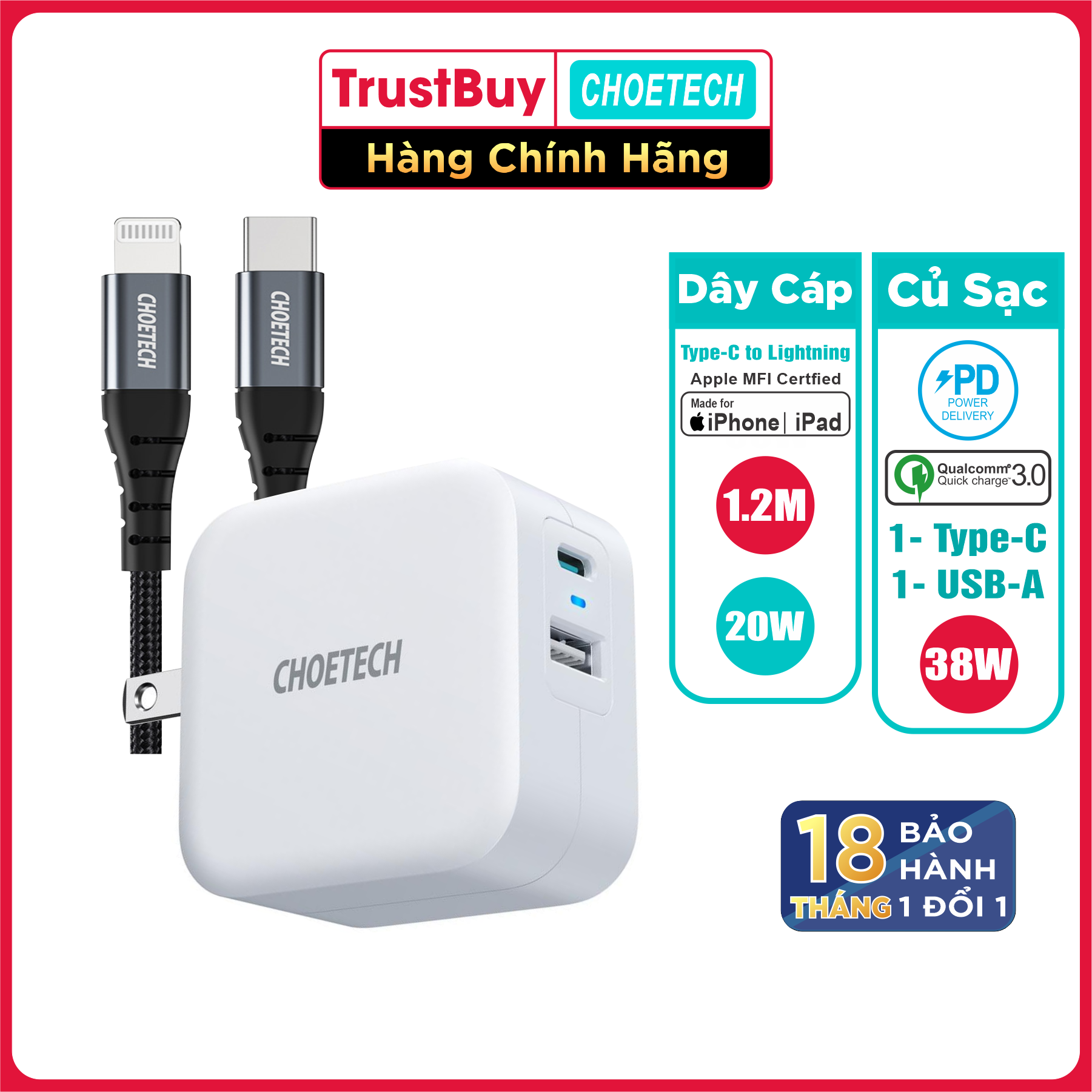 Bộ Củ Sạc CHOETECH QC 3.0 &amp; PD 3.0 38W PD5002-W + Cáp Type C To Lightning MFI Apple 1.2M IP0039 Sạc Nhanh Cho iPhone - Hàng Chính Hãng