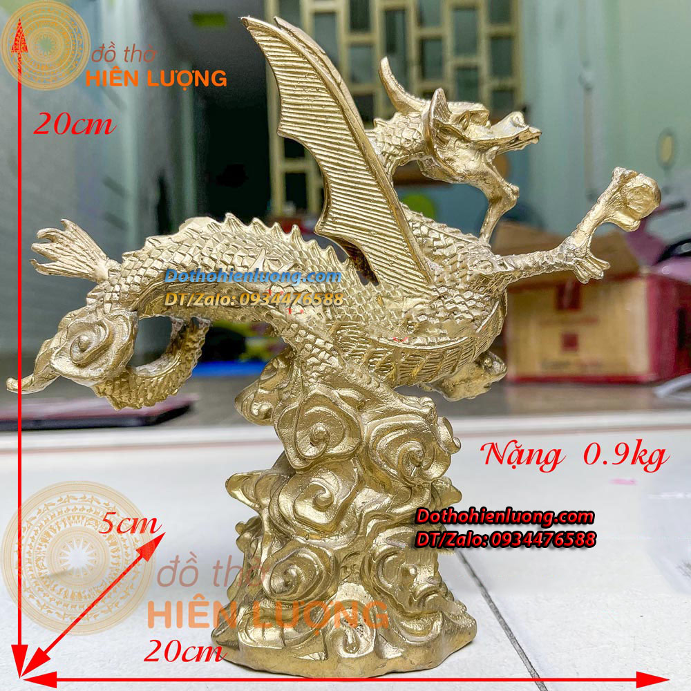 Tượng Rồng Cánh Bay Bệ Mây Màu Vàng Bằng Đồng Kích Thước 20x5x20cm, Nặng 0,9kg - Đồ Thờ Hiên Lượng