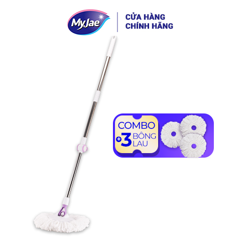 Combo 3 Bông Lau + 1 Cây Lau Nhà Đơn MyJae Sợi Microfiber Xoay 360 Độ Phù Hợp Cho Nhiều Loại Thùng Lau 134cm