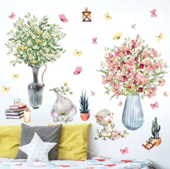 Decal trang trí tường - Chú voi và chú mèo cùng 2 bình hoa xinh