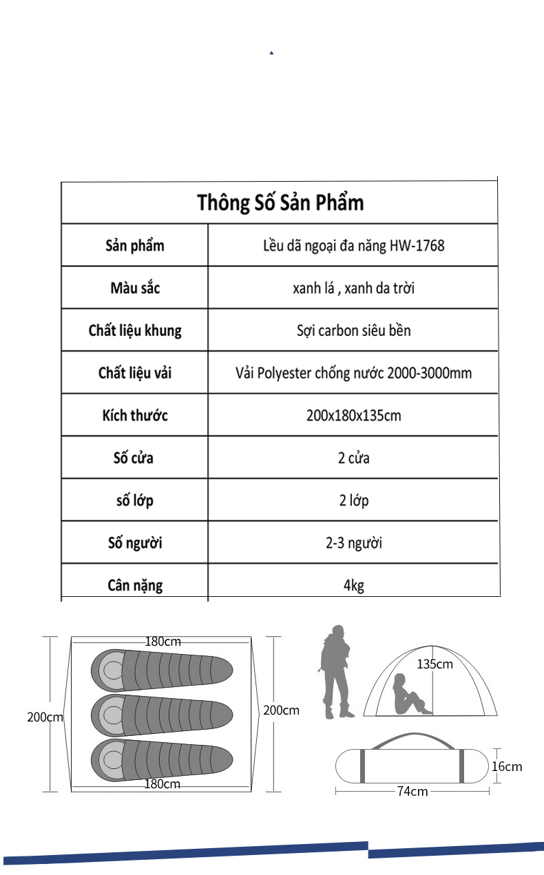 Lều cắm trại, lều dã ngoại đa năng cho 2-3 người Hewolf-1768