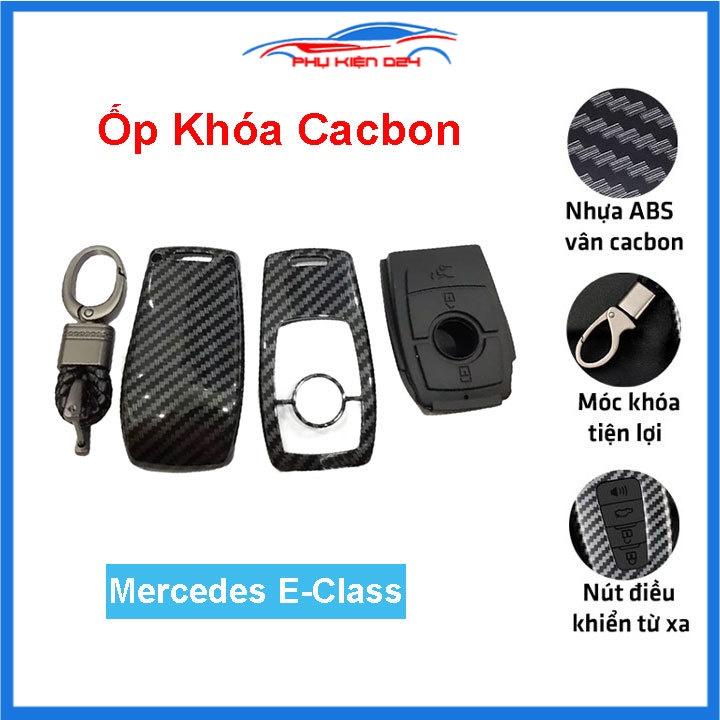 Ốp vỏ bọc chìa khóa xe Mercedes E-Class, GLC-Class 3 nút sợi nhựa cacbon kèm móc treo Inox
