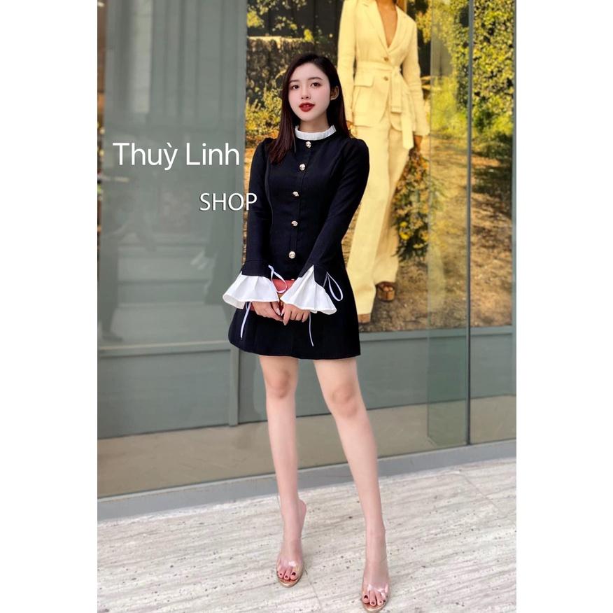 Đầm đen dự tiệc tay dài phối bèo thiết kế cổ tròn đính nút phom dáng xòe sang chảnh thời trang nữ