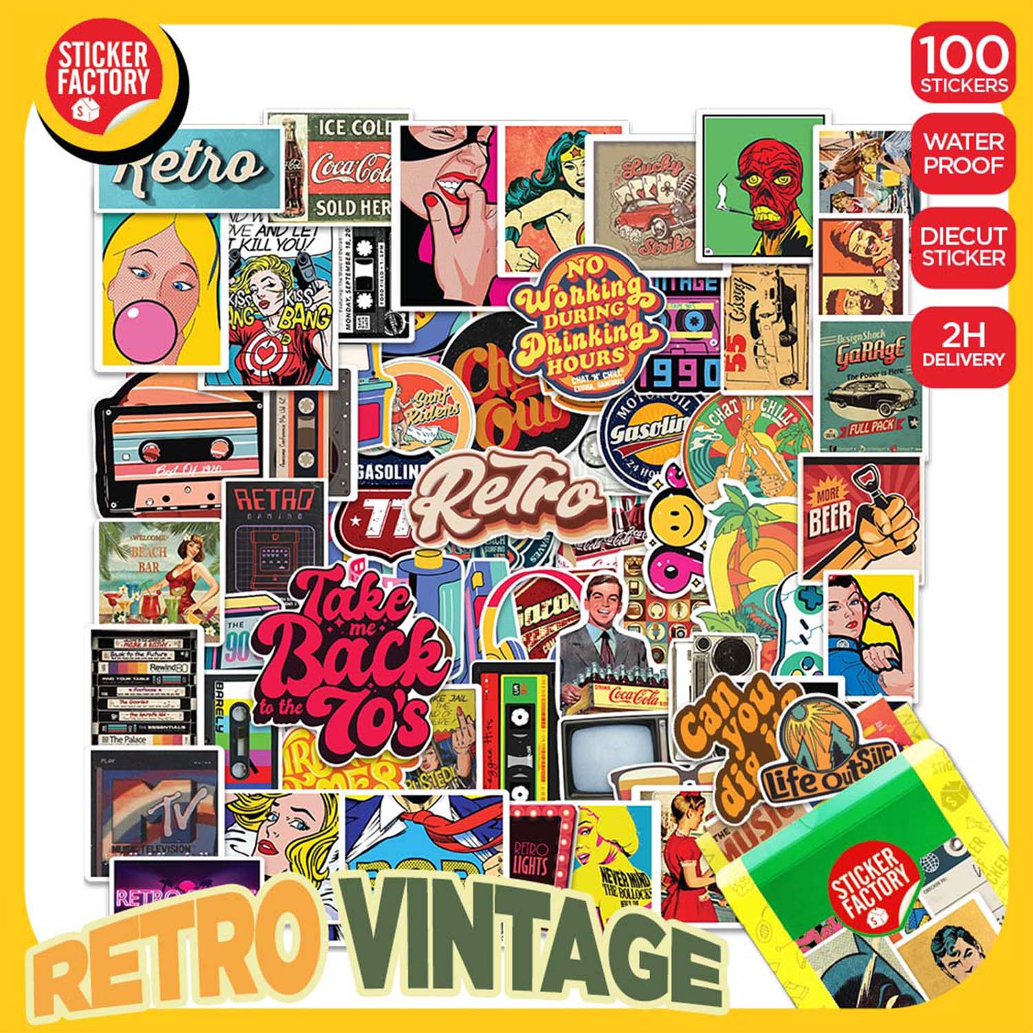 Retro Vintage - Set 100 sticker decal hình dán nón bảo hiểm, laptop, xe máy, ô tô - STICKER FACTORY