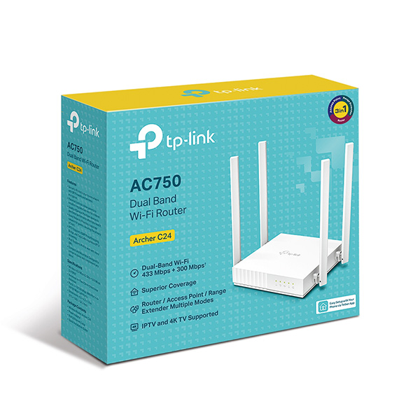 Bộ Phát Wifi TP-Link Archer C24 (Chuẩn AC/ AC750Mbps/ 4 Ăng-Ten Ngoài/ 25 User)- hàng chính hãng