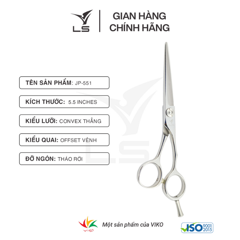 Kéo cắt tóc LS  JP551 lưỡi thẳng quai offset vênh đỡ ngón tháo rời -tặng bao da và bộ vệ sinh kéo