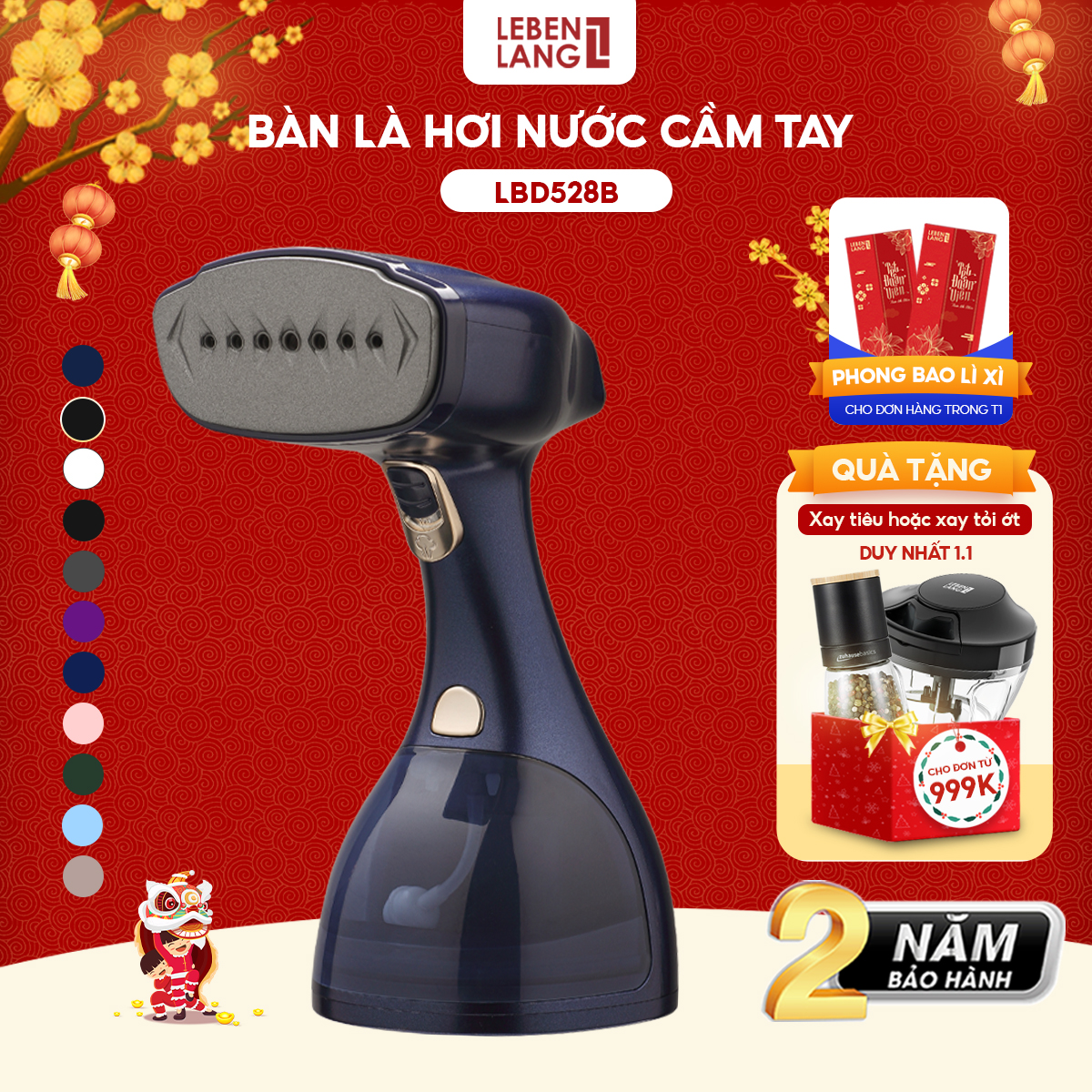 Bàn là hơi nước cầm tay Lebenlang công suất 1500W, dung tích 300ml model LBD528G - hàng chính hãng - Màu xanh blue