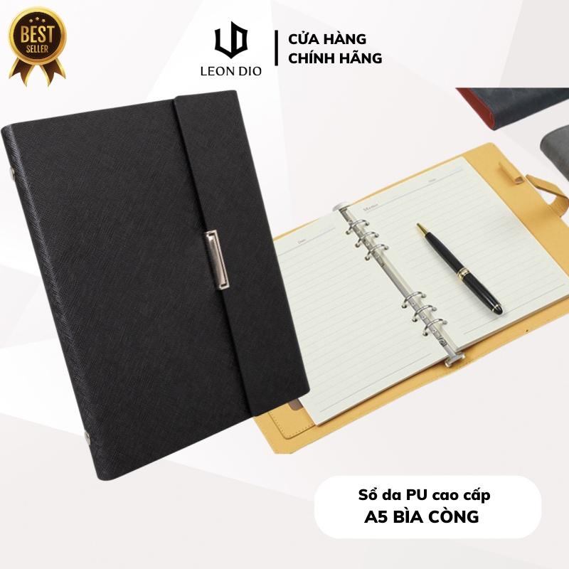 Sổ Còng Bìa Da Trơn A5 Leon Dio| Màu Xanh Dương/Đen, Chất Da PU Phủ Nhung Cao Cấp, Giấy Kẻ Ngang, Thiết Kế 6 Lỗ Còng