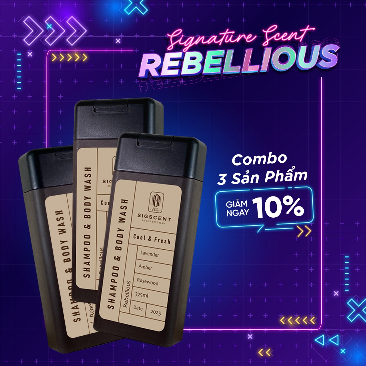 Sữa tắm dầu gội cho nam hương nước hoa 375ml Rebellious thương hiệu SIGSCENT- COMBO 3