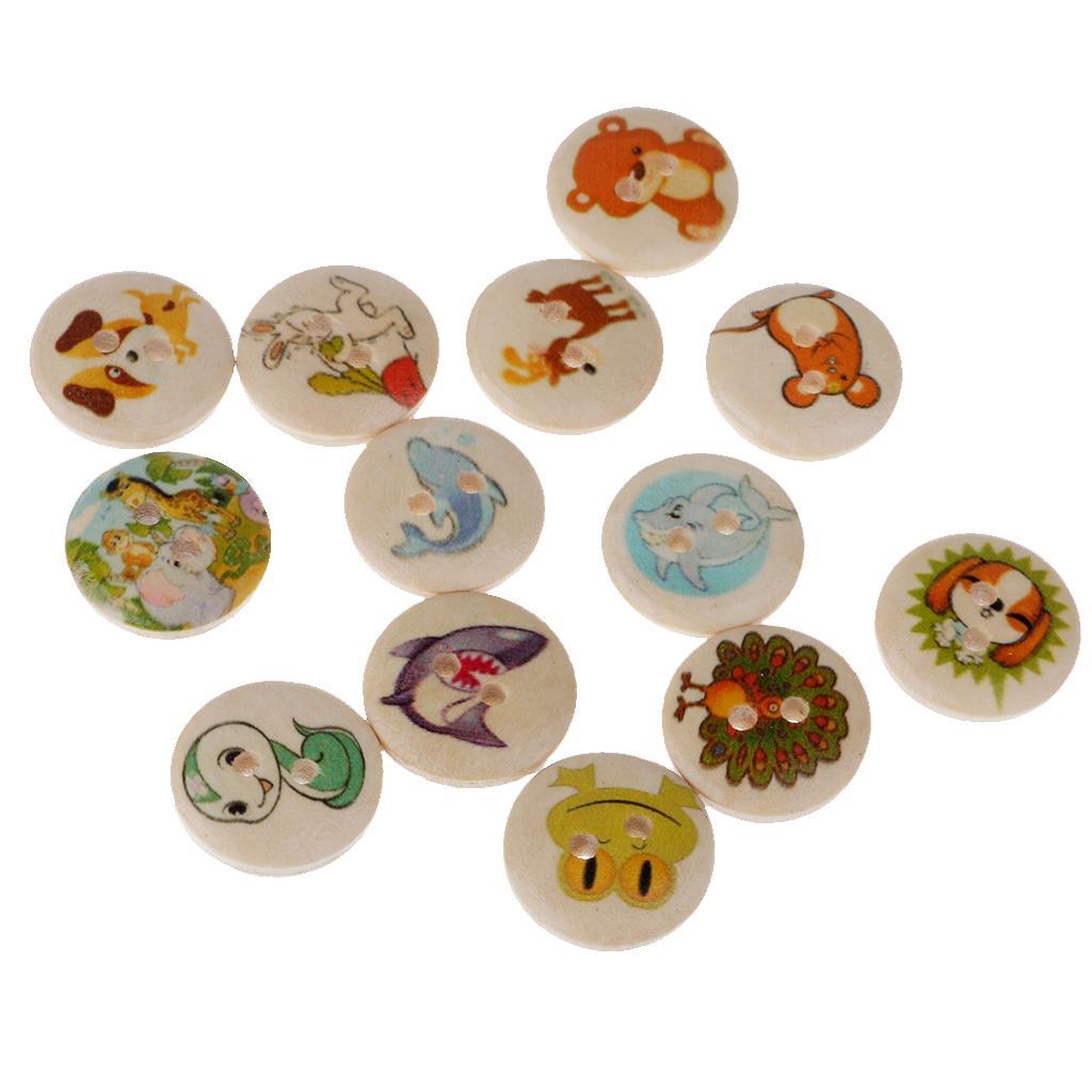 100 Pieces Animals Printed Round 2 Holes Wooden Buttons for Sewing DIY Craft 15mm