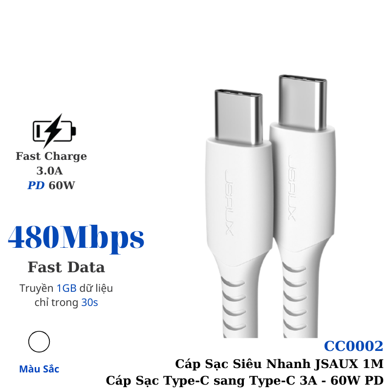 Cáp Sạc Siêu Nhanh 60w Type C sang Type C - CC0002 JSAUX Cáp Cho Macbook, Laptop, Ipad Điện Thoại Samsung, Oppo, Huawei… - Hàng chính hãng