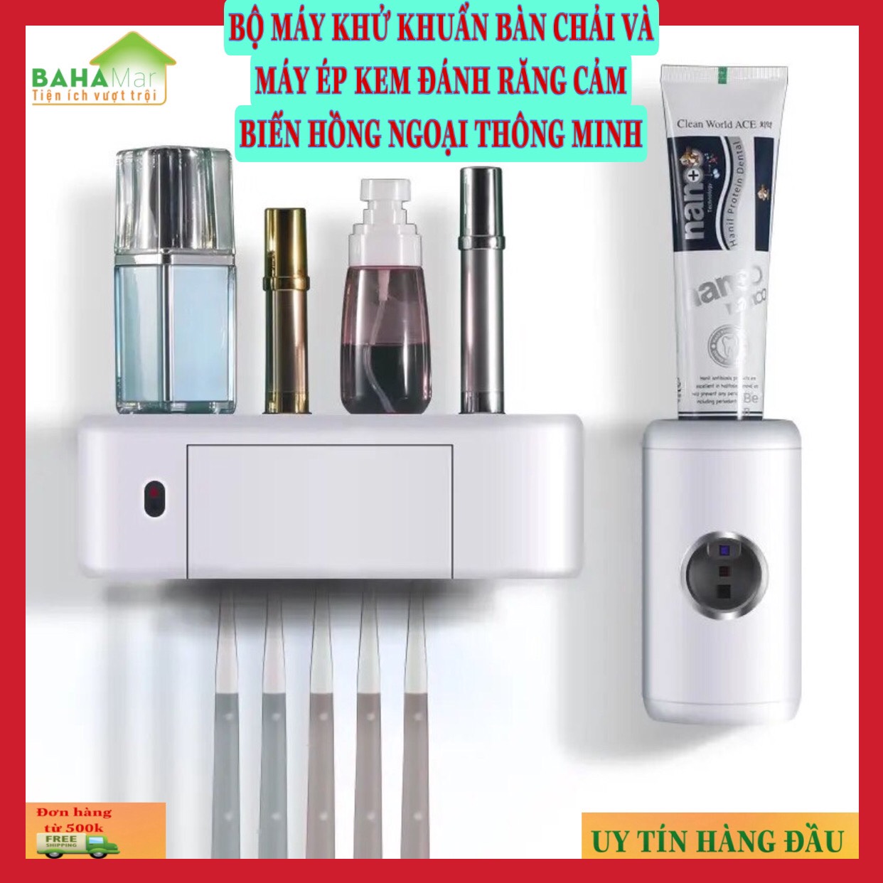 BỘ MÁY KHỬ KHUẨN BÀN CHẢI VÀ MÁY ÉP KEM ĐÁNH RĂNG CẢM BIẾN HỒNG NGOẠI THÔNG MINH "BAHAMAR" có Cảm biến tự động thông minh không cần bóp  kem đánh răng  và chỉ cần khua tay để mở nắp lấy bàn chải