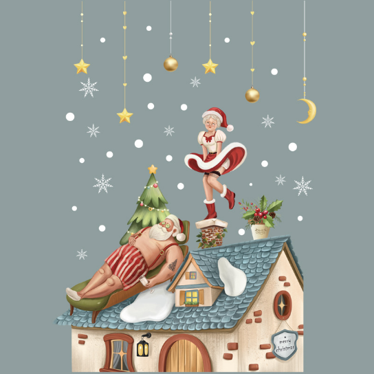 Decal trang trí Noel - Ông già và bà già Noel ngắm tuyết trên mái nhà