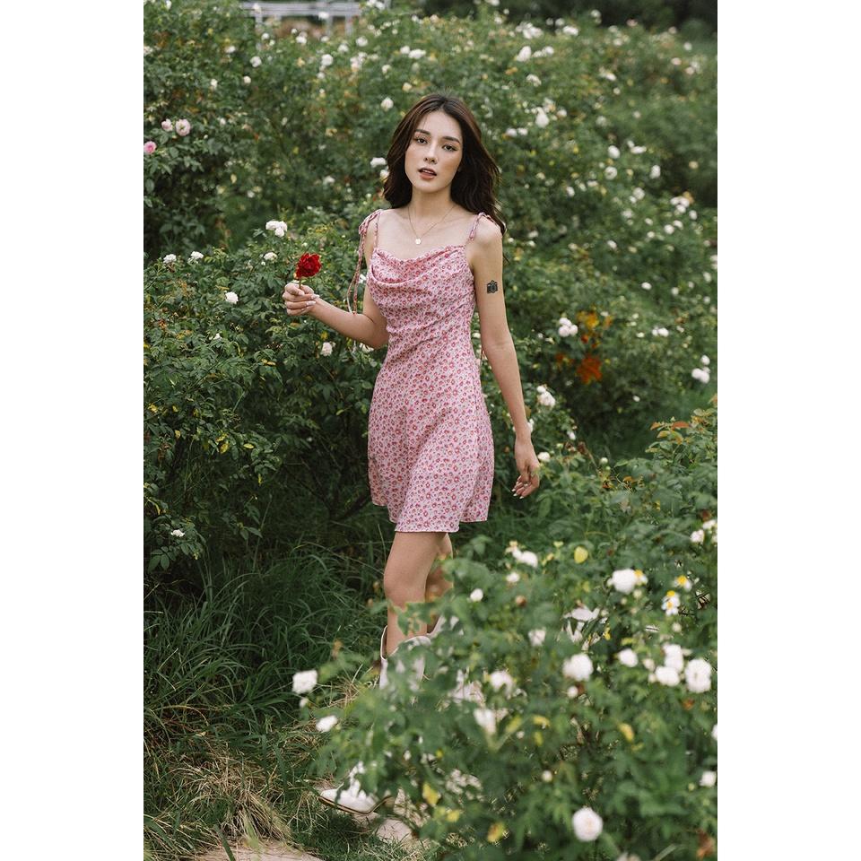 Đầm 2 dây hoạ tiết hoa hồng nhí buộc dây vai- Miranda dress