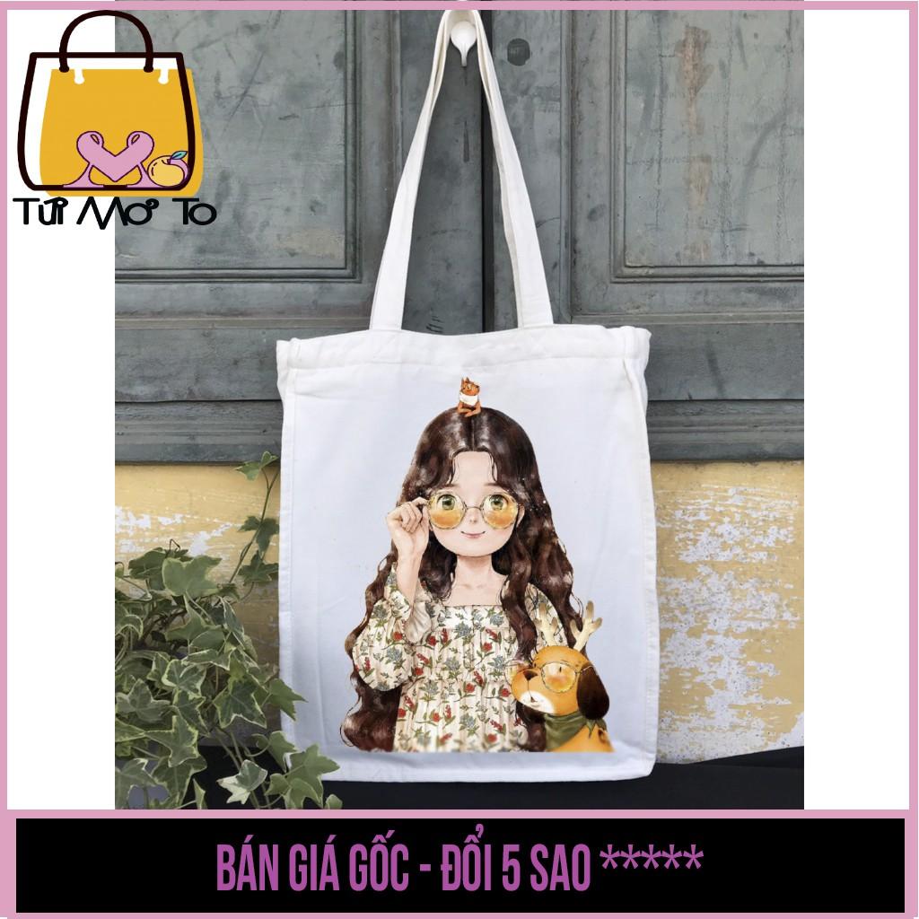 Túi tote vải canvas trắng có khóa kéo in hình CÔ GÁI ĐEO KÍNH - Túi Mơ To store