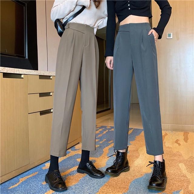 Quần Baggy nữ cạp cao phối vạt chéo 2 cúc màu đen vải mưa mềm đẹp mặc đi học chơi làm công sở đều xinh