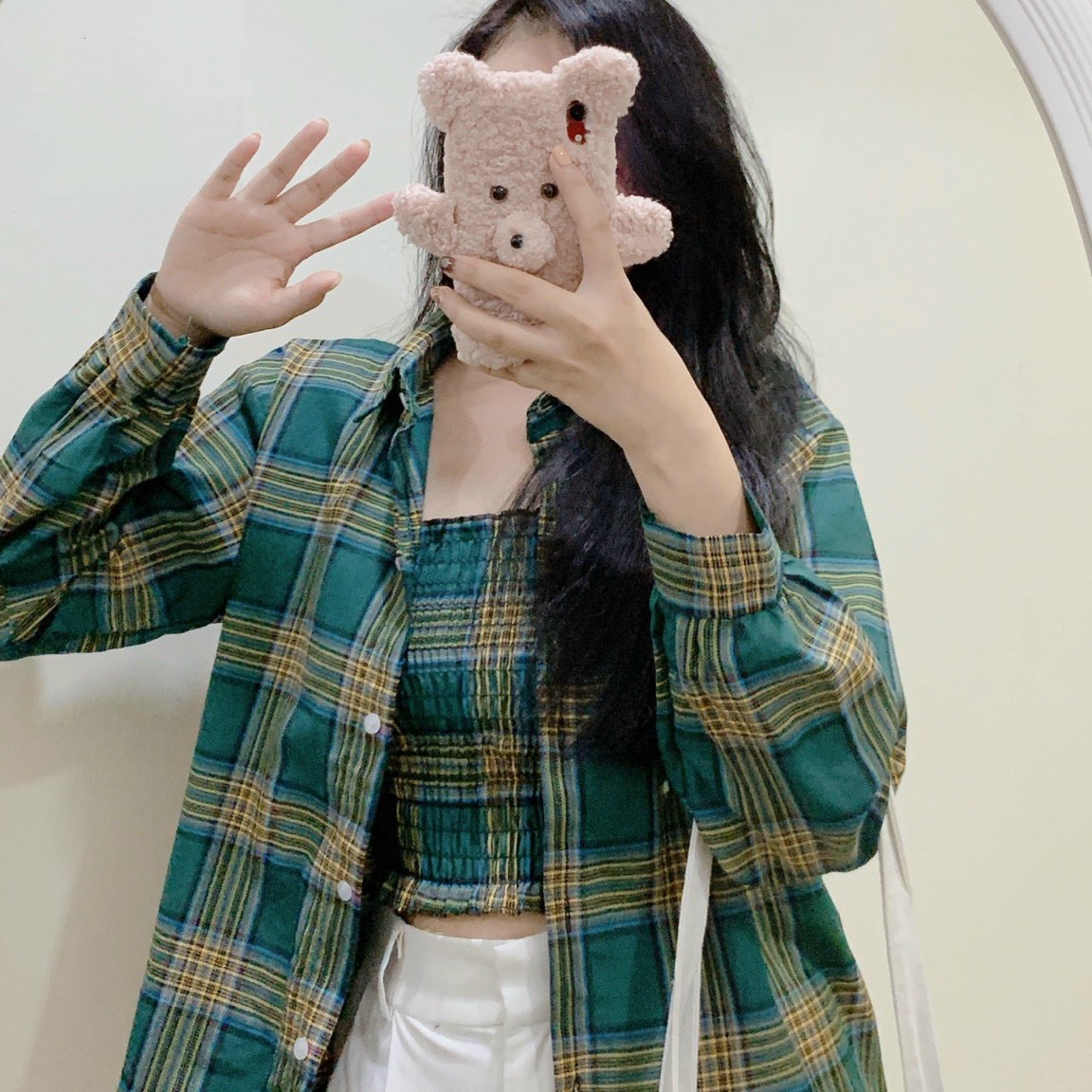 Set Áo Sơ Mi Áo Croptop, Set Ulzzang Kẻ Caro Áo Sơ Mi Croptop, Combo Áo Sơ Mi Croptop Xuống Phố, Set Áo Croptop Sơ Mi Sọc Dài Tay, Set Áo Sơmi Nữ Sọc Tay Phồng Croptop - Xanh - Freesize Từ 40Kg Đến 70Kg