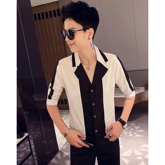 Áo sơ mi nam, Áo sơ mi dài 3/4 cổ chữ V, phối 2 màu chủ đạo đen trắng phong cách hàn quốc, lịch lãm sang trọng. Mã N12