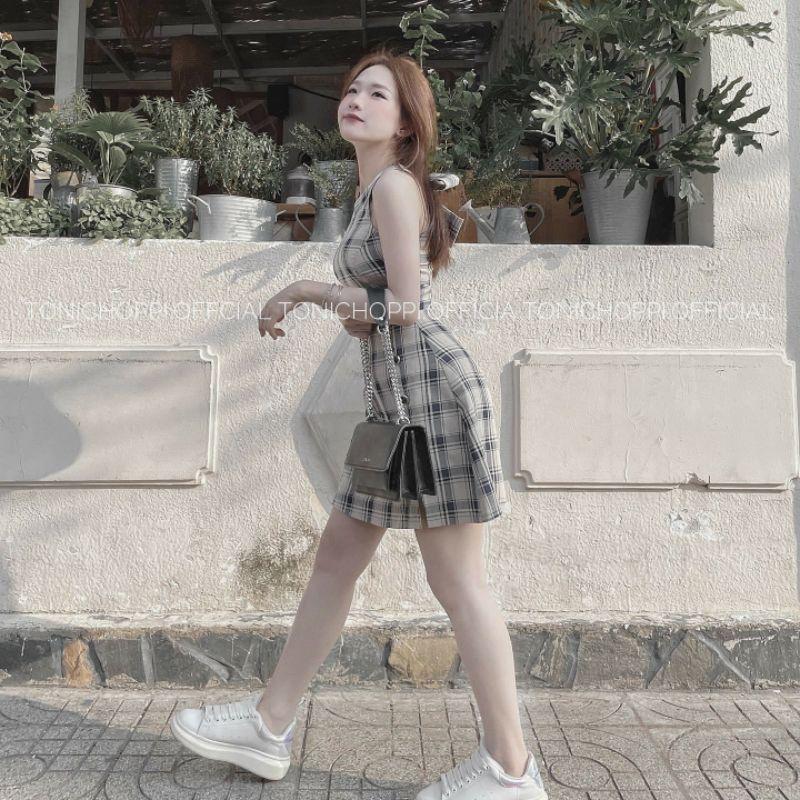 Váy kẻ cổ Yếm Khuyu nơ