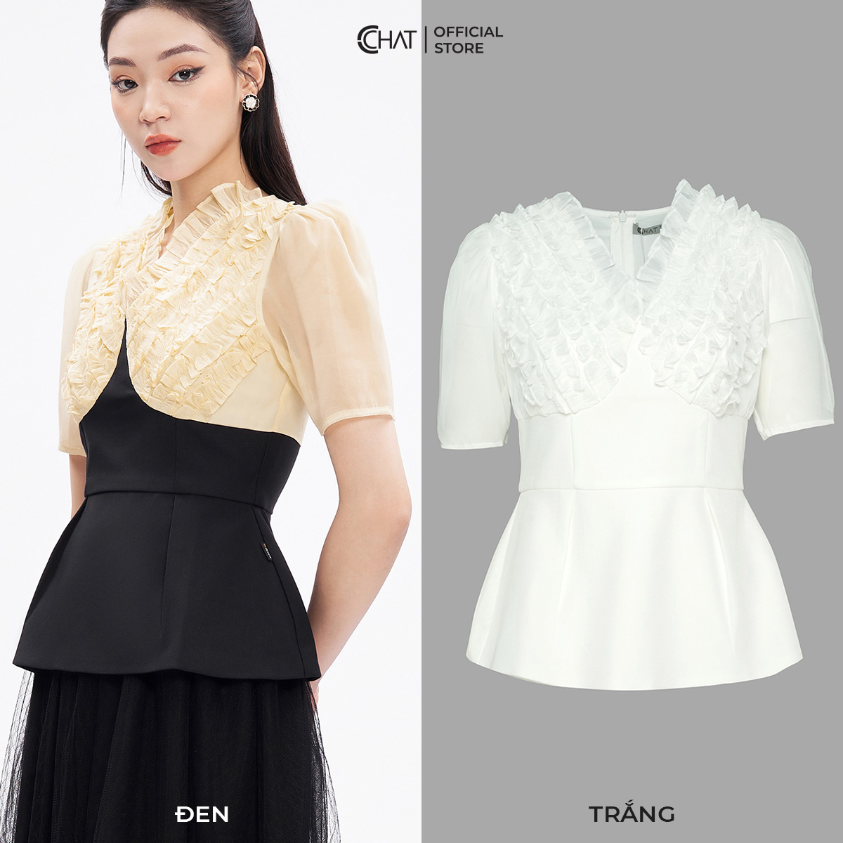 Áo Kiểu Nữ Cổ V Bèo Thân Tà Peplum Chất Tuytsi Hàn Mềm Mịn 53ANS8002PT