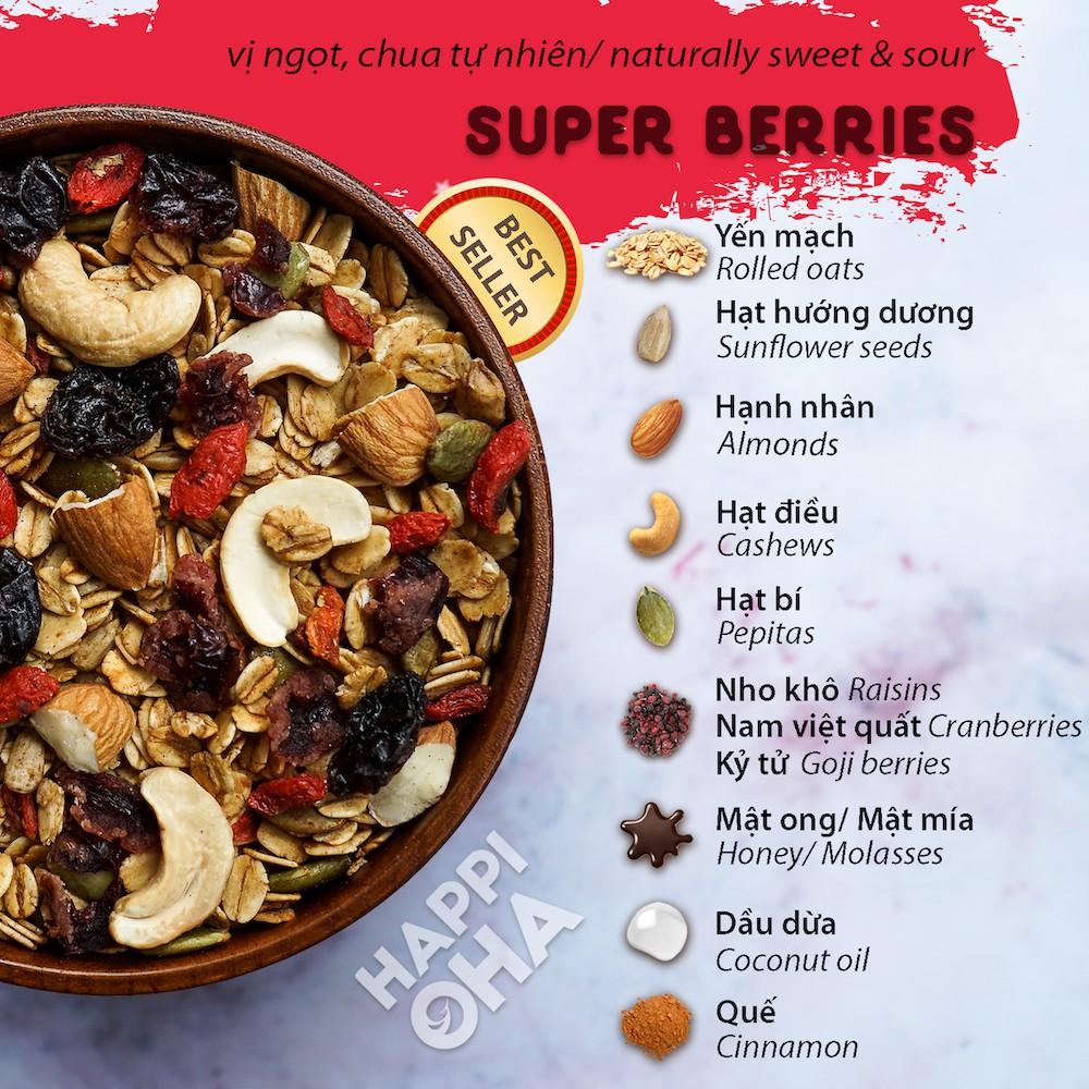 Granola Super Berries HAPPI OHA - Ngũ Cốc Ăn Sáng/Ngũ Cốc Ăn Kiêng Không Đường Tinh Luyện Vị 8 Loại Hạt Trái 280g