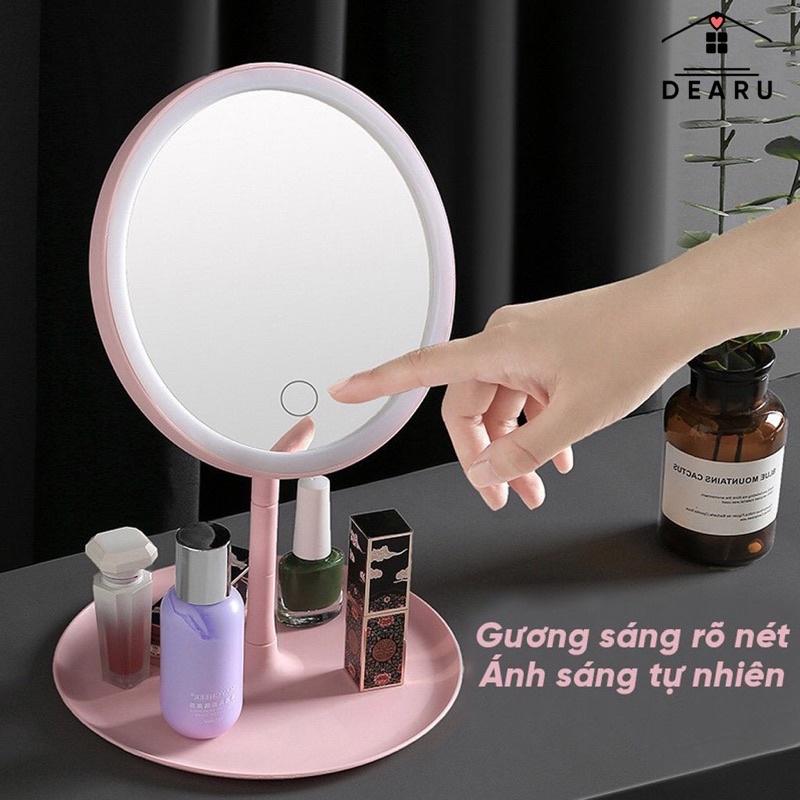 Gương trang điểm để bàn có đèn LED cảm ứng 3 chế độ sáng hình tròn có khay đựng mỹ phẩm sạc USB dễ mang đi du lịch