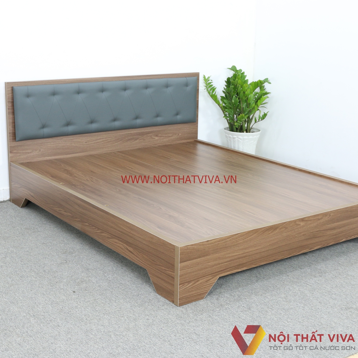 Giường Ngủ Gỗ MDF Melamine Màu Óc Chó Chân Cao Đầu Nệm Đen Đẹp Giá Rẻ