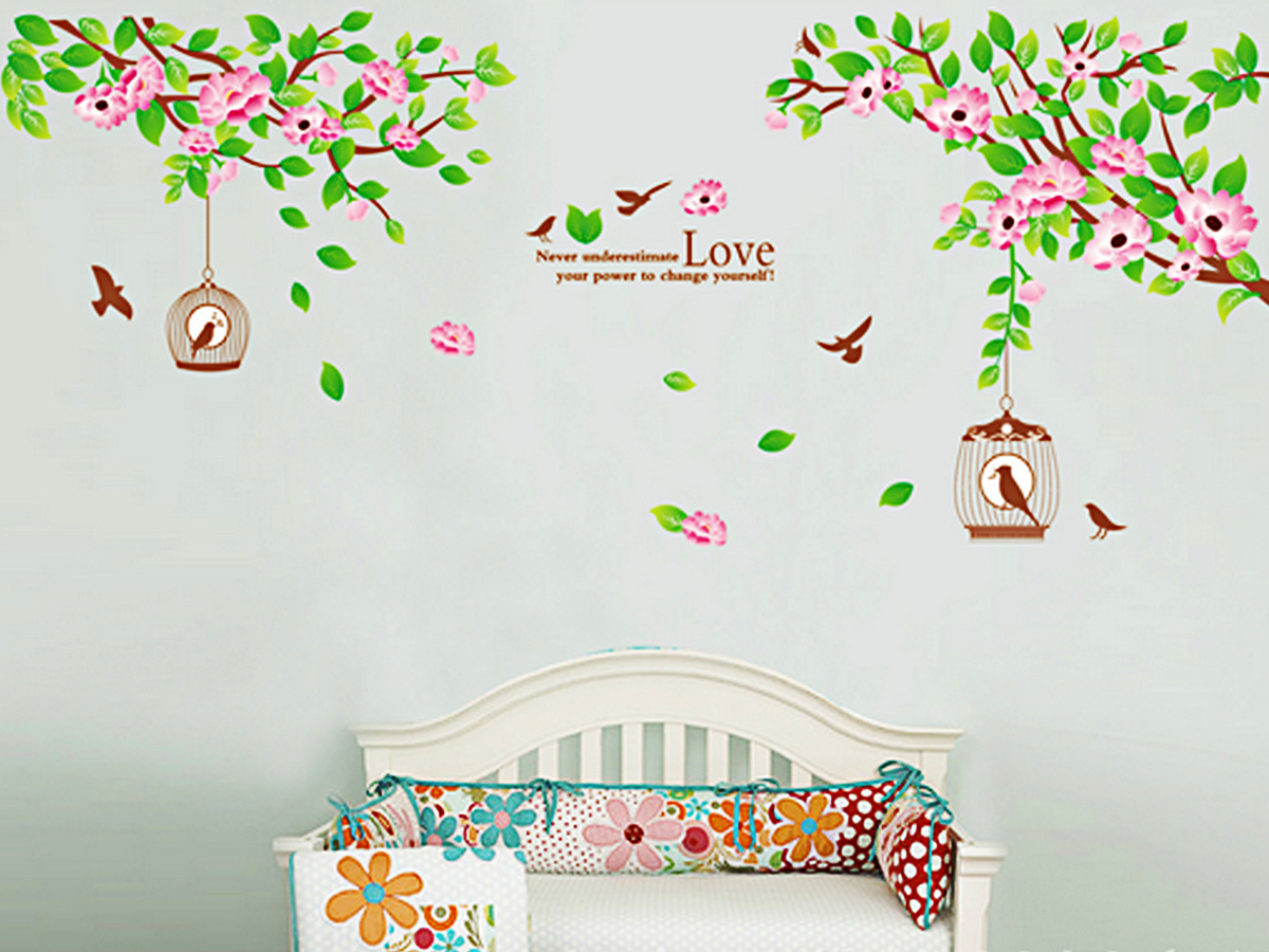 Decal dán tường cây hoa và lồng chim chữ love