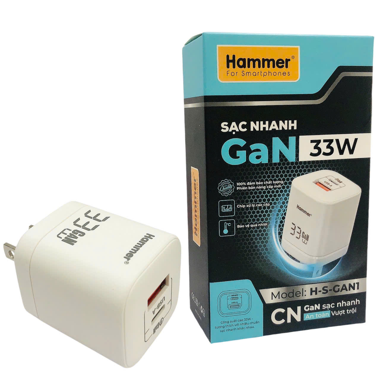 Củ sạc nhanh Ham.mer GaN ( H-S-GAN1) công suất 33W có 2 cổng sạc USB + C , Check Qr hàng chính hãng bảo hành 1 năm
