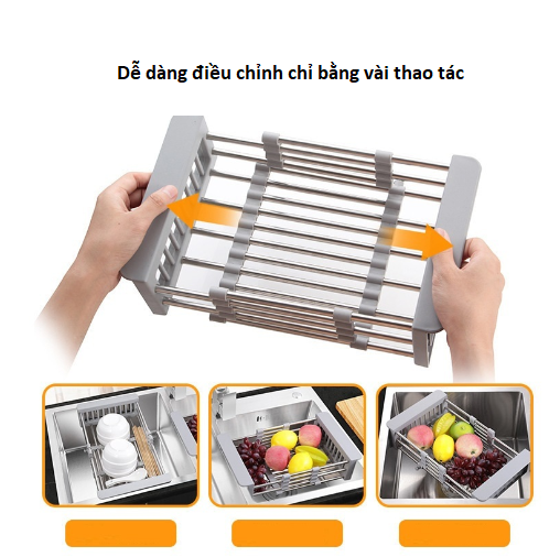 Rổ, Khay Gác Bồn Rửa Chén , Giá Gác Bồn Rửa Chất Inox Rút Gọn Siêu Tiện Lợi Đựng Rau Củ Quả Thực Phẩm GD775-KhayXepIC