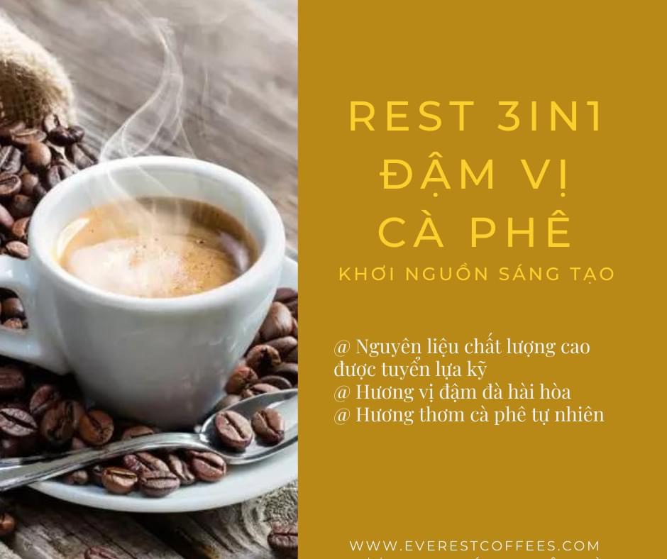 <Hộp 18 gói> Đậm Vị Cà Phê Sữa REST 3iN1 EVEREST COFFEES. Tiêu Chuẩn FDA Hoa Kỳ. Xuất Khẩu Quốc Tế