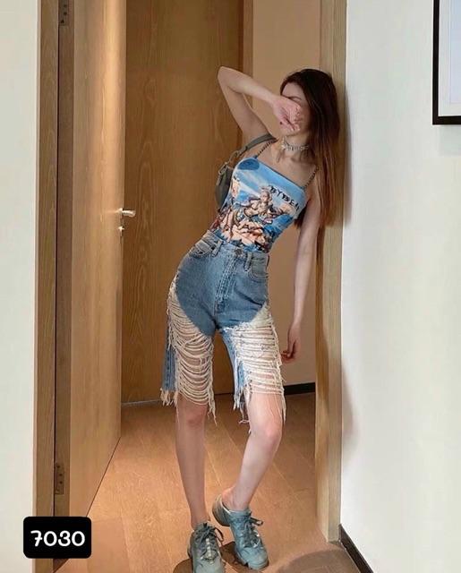 Quần jean ngố, quần bò ngố, quần jeans lửng ngói rách tua rua -8sT