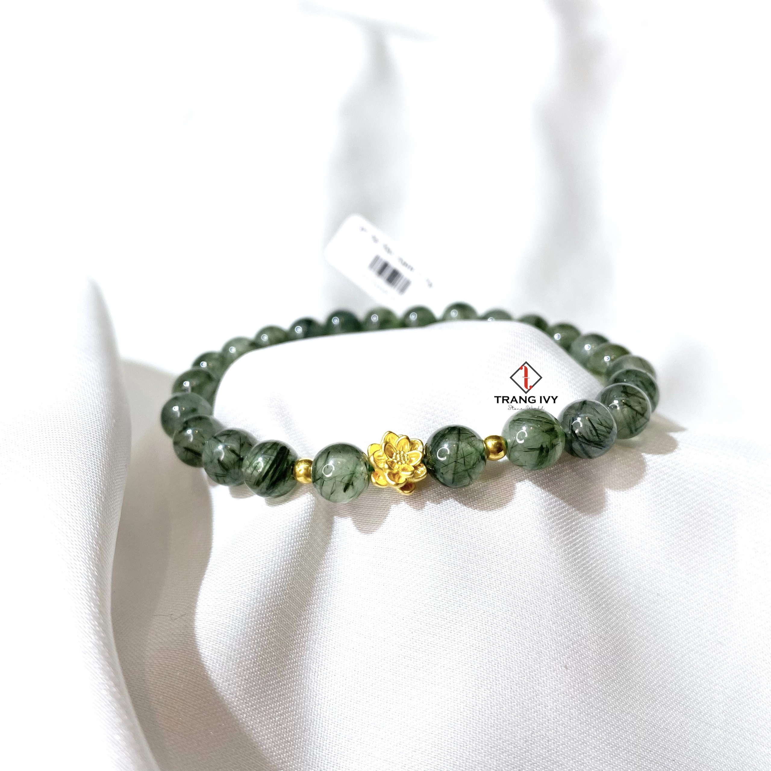 Vòng tay thạch anh tóc xanh mix Hoa sen vàng 24k