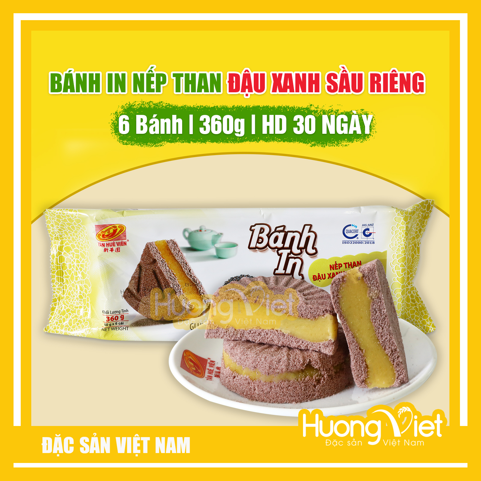 Đặc Sản Sóc Trăng - Bánh In Nếp Than Đậu Xanh Sầu Riêng 360G, Bánh In Sóc Trăng Tân Huê Viên