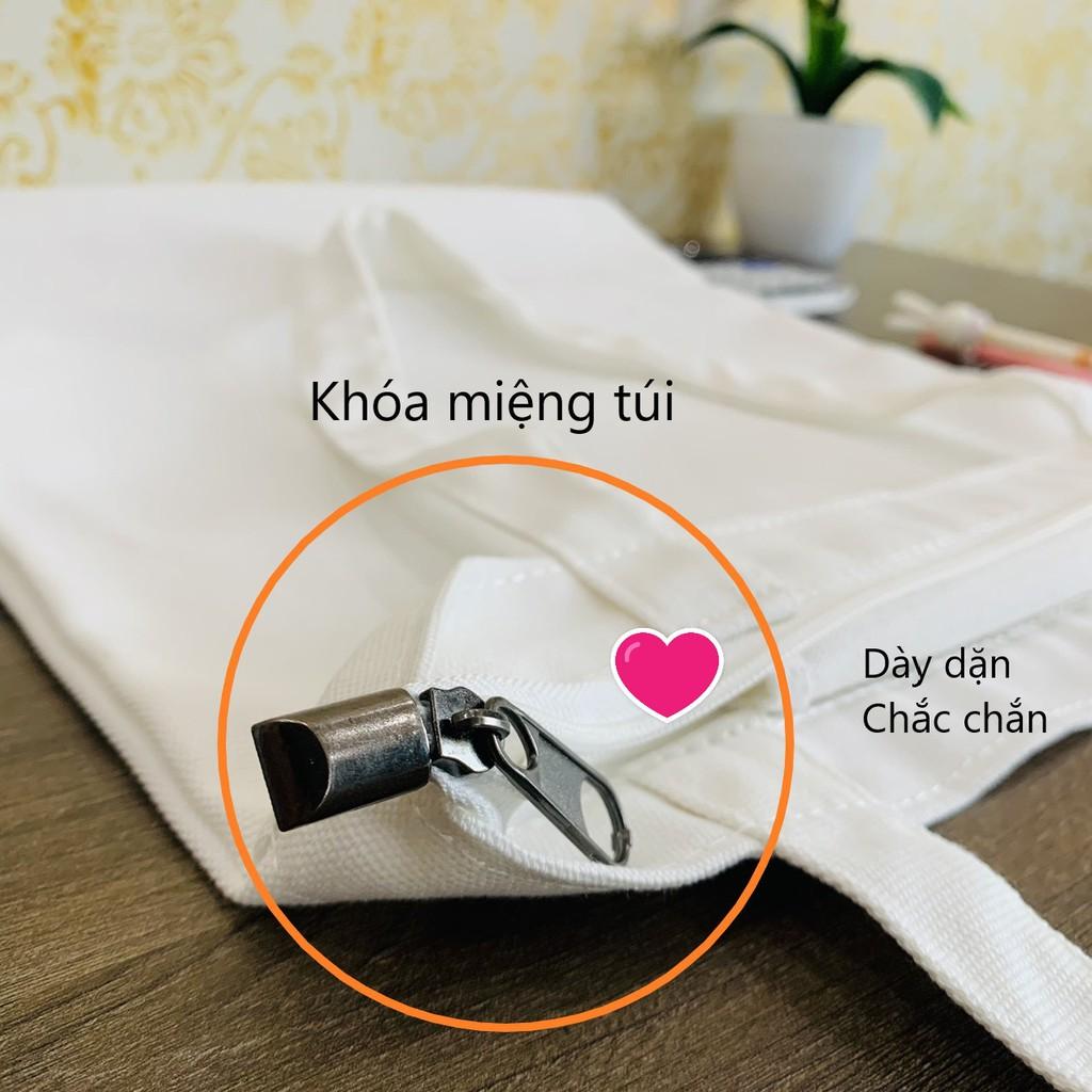 Túi tote vải canvas bag mềm đẹp có khóa kéo miệng túi và túi phụ bên trong in chữ Black Pink chữ đen cho nam nữ đi học