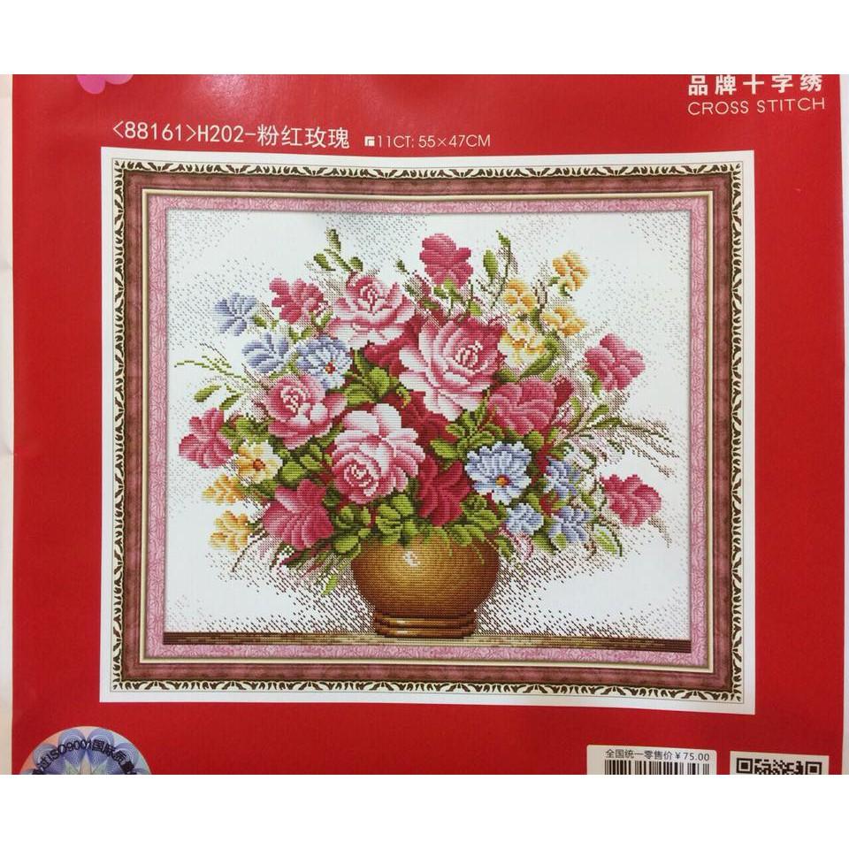 Tranh thêu chữ thập Bình Hoa Hồng Phấn H202-51x59cm