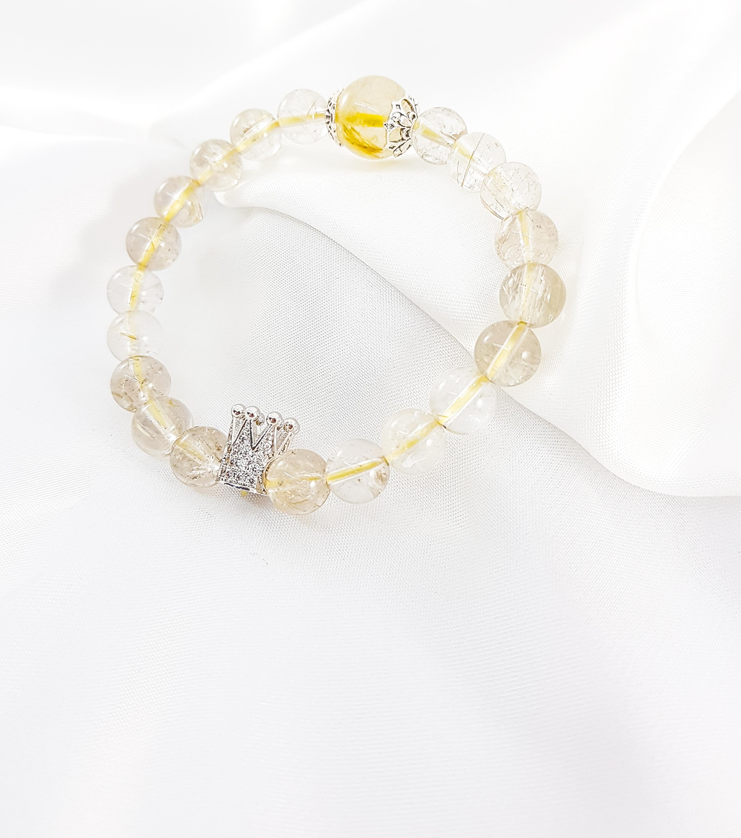Vòng tay mệnh kim, thủy đá thạch anh tóc tiên mix charm vương niệm