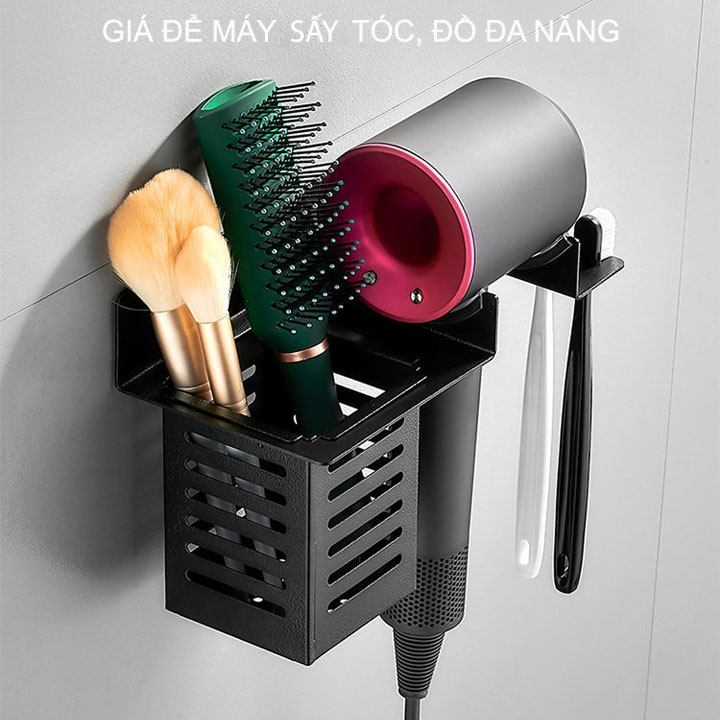 Giá để máy sấy tóc, bàn chải đánh răng đa năng, dùng keo dán tường không cần khoan, làm bằng hợp kim nhôm mạ màu đen