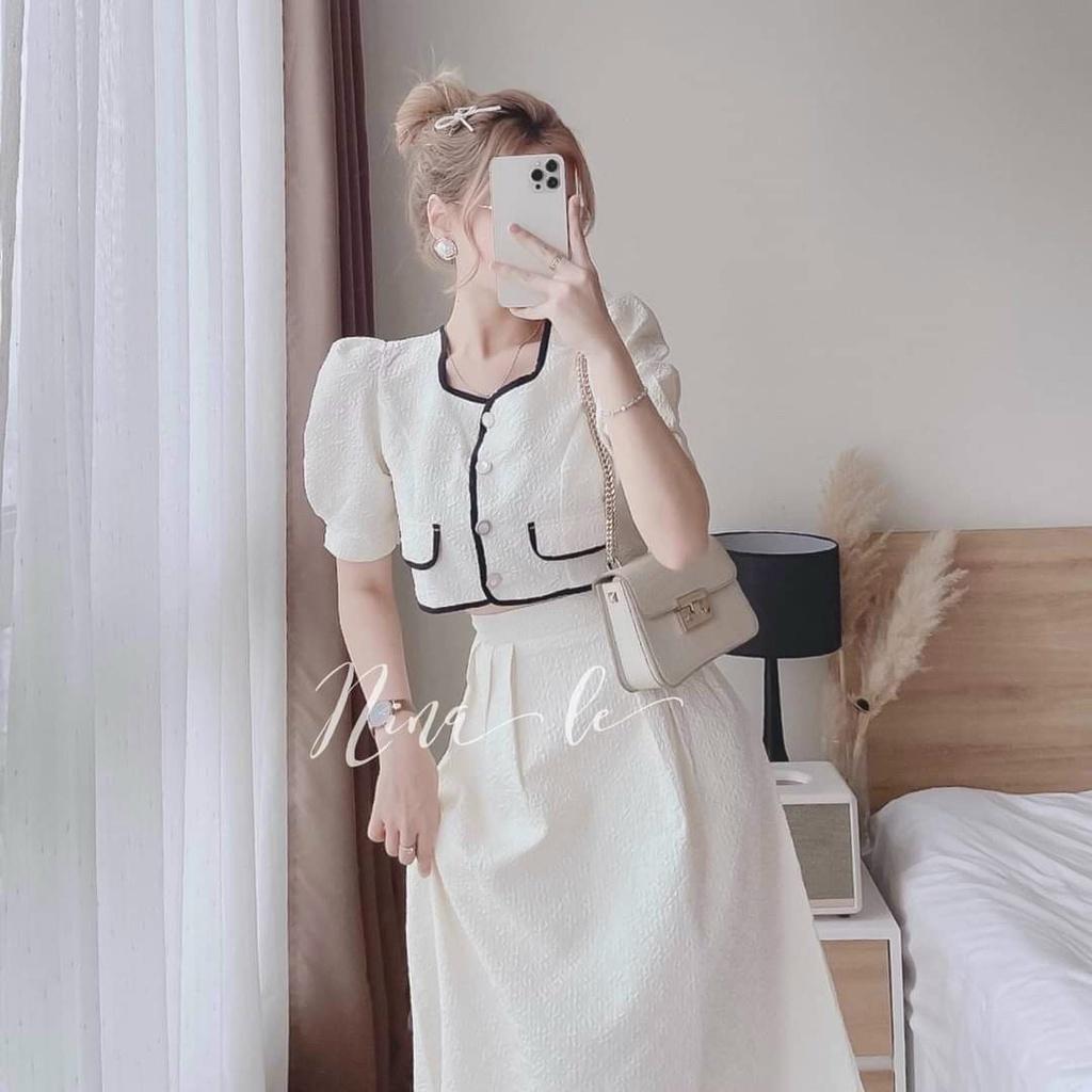 TTL Set bộ xốp áo croptop trắng viền né đen phối chân váy midi xòe tiểu thư dự tiệc Nina lê dịu dàng