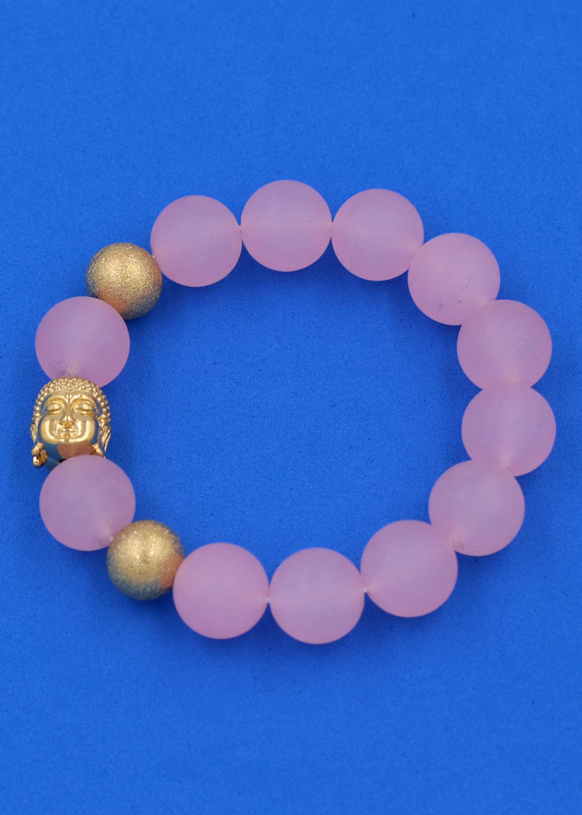 Chuỗi đeo tay Thạch Anh Hồng Phấn Mờ 14 ly - Vòng tay Phật A Di Đà inox vàng VTAHPMNLVHB14 - hợp mệnh Hỏa, mệnh Thổ - Vòng đeo tay size lớn