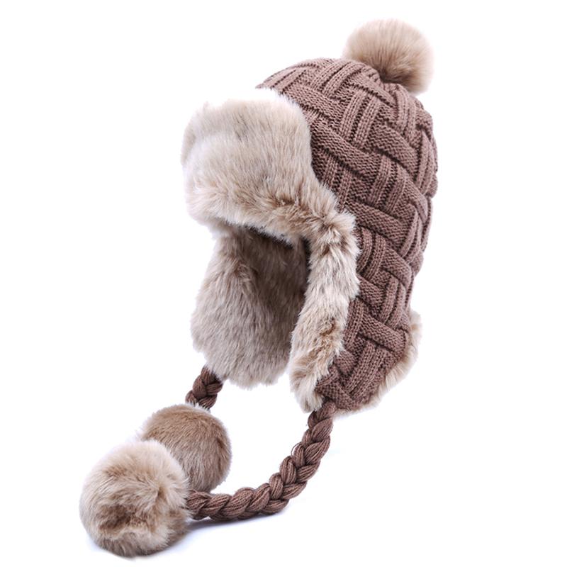Phụ Nữ Người Đánh Bẫy Nón Mùa Đông Ấm Giả Cáo Lông Máy Bay Ném Bom Nón Beanies Nga Ushanka Len Đan Pom Pom Earflaps Aviator Mũ Lưỡi Trai