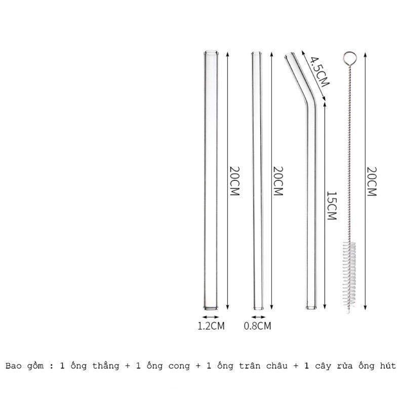 Bộ Ống Hút Thuỷ Tinh Trong Suốt Tái Sử Dụng Thân Thiện Mối Trường