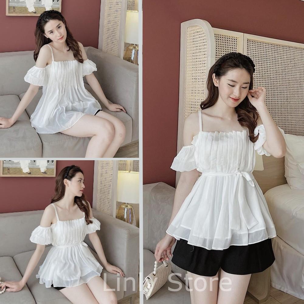 Áo kiểu nữ ngắn tay chất dập ly Croptop hở vai tiểu thư siêu xinh - Trễ vai tay bồng chất tơ cao cấp A-2DL