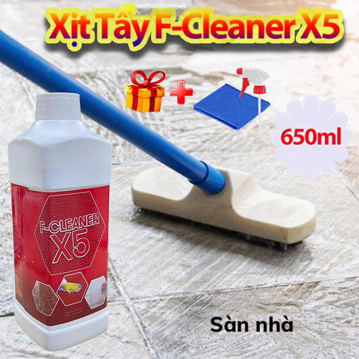 Nước Tẩy Trắng Vệ Sinh Sàn Nhà Dạng Xịt F-Cleaner X5 650ml Làm Sạch Bề Mặt Sàn Đá Hóa, Đường Chỉ Gạch + Tặng Khăn Lau