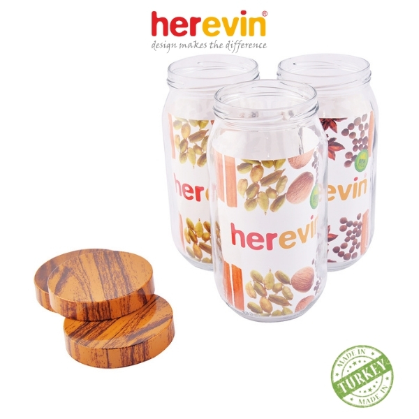 Bộ 3 Hũ Thủy Tinh Herevin Tròn Trơn Woody 1L - HEHU231377-205