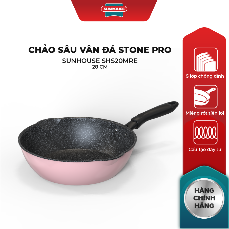 Chảo sâu vân đá Stone Pro Sunhouse, Đáy từ màu hồng SHS28MRE - Dùng trên mọi loại bếp - Hàng chính hãng